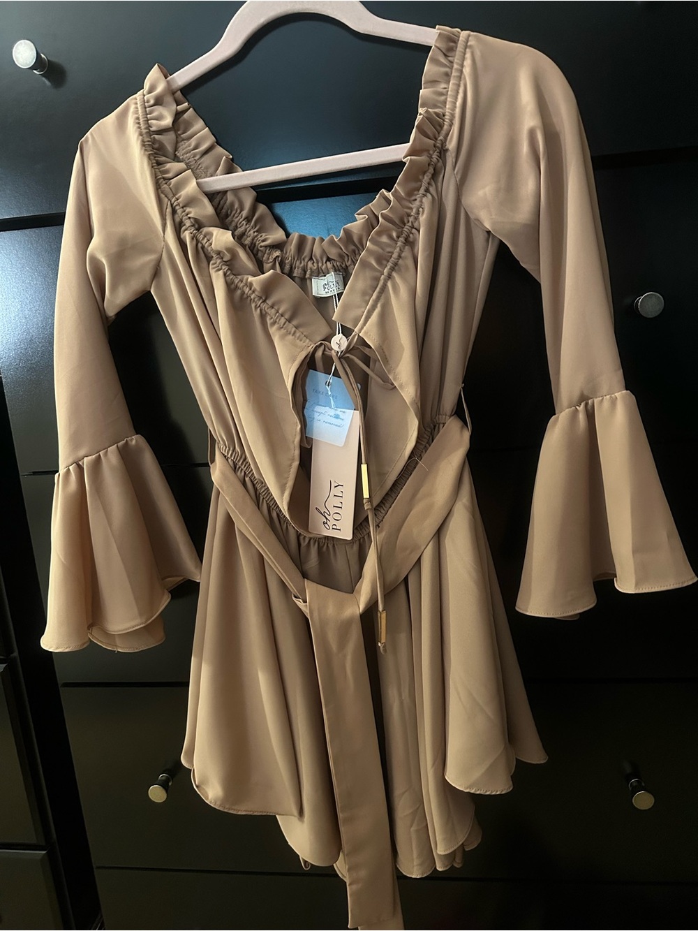 Bell Sleeve V-Neck Wrap Jumpsuit Romper in Camel